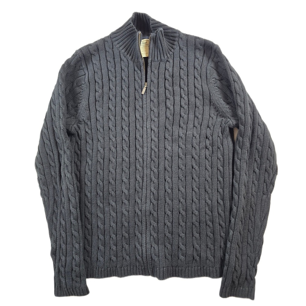 LL Bean Cable Knit Cardigan Sweater Women Large Black Cotton Full Zip 243978